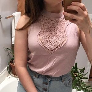 Mauve high neck sleeveless top with lace front